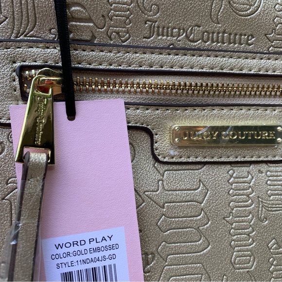 JUICY COUTURE Gold Embossed Word Play TOTE BAG! Neutral Faux Leather Crossbody - Picture 5 of 9
